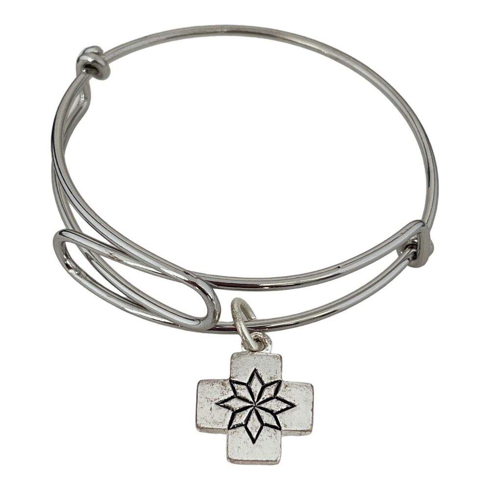 New Cross Charm Bangle Bracelet Silver Tone Floral Design 3X